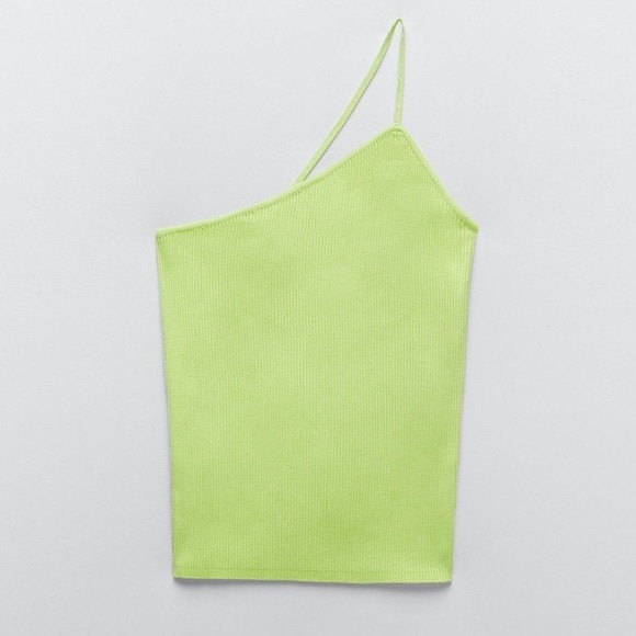 Zara Neon Green Ribbed One Shoulder Tank Top - Picture 1 of 4